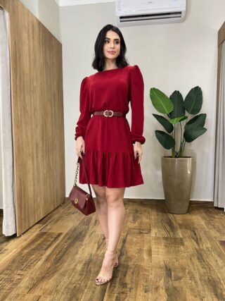 Vestido Feminino Curto Manga Longa com Amarração Vinho - Fernanda Ramos Store