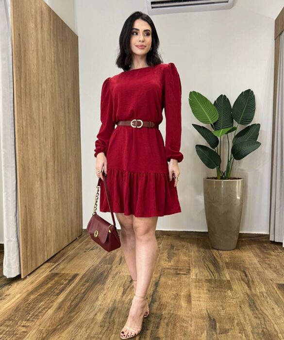 Vestido Feminino Curto Manga Longa com Amarração Vinho - Fernanda Ramos Store