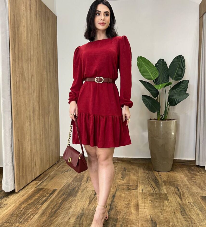 Vestido Feminino Curto Manga Longa com Amarração Vinho - Fernanda Ramos Store