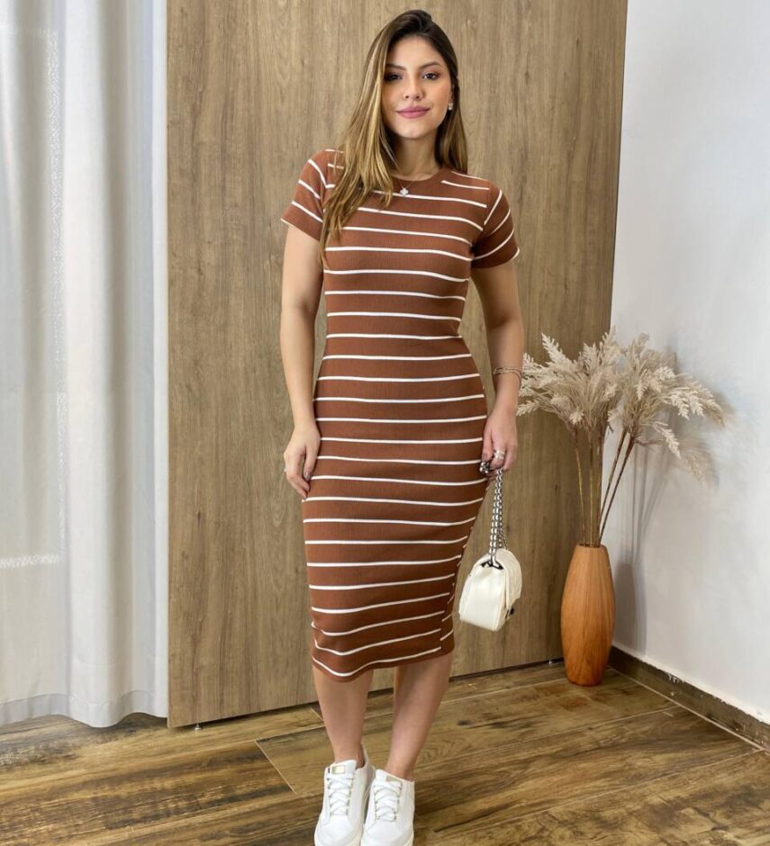 Vestido Feminino Curto Manuela Canelado Manga Curta Listrado - Fernanda Ramos Store