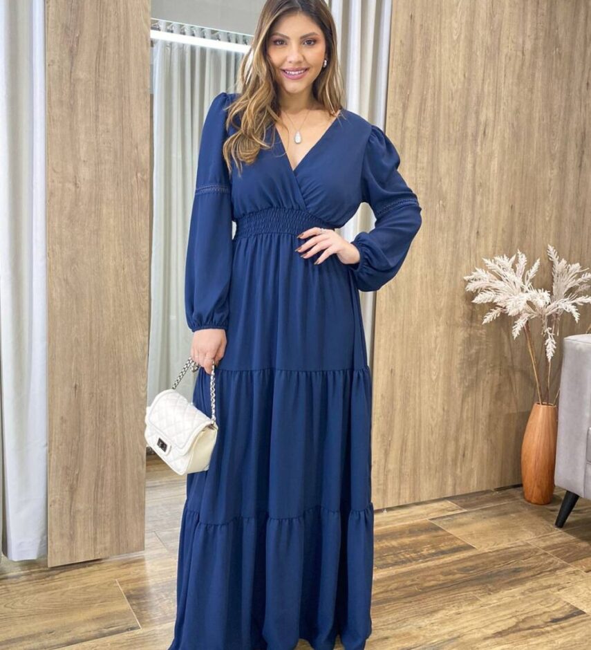 Vestido Longo Agatha sem Bojo Manga Longa Azul Marinho - Fernanda Ramos Store