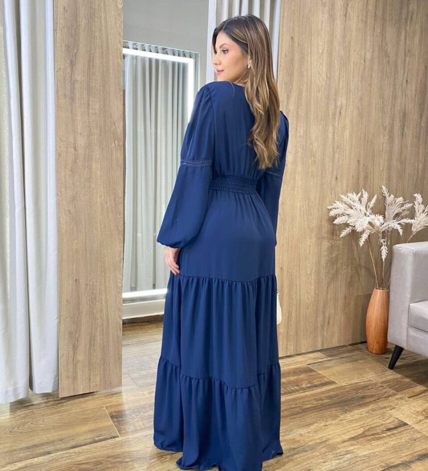 Vestido Longo Agatha sem Bojo Manga Longa Azul Marinho - Fernanda Ramos Store