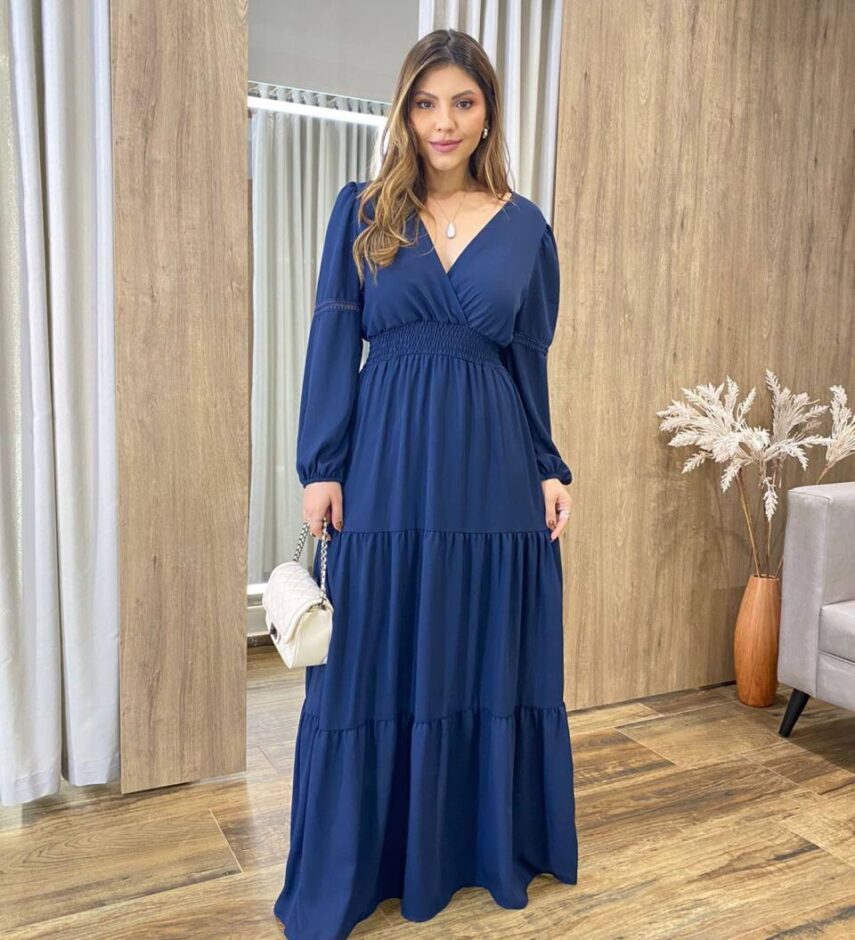 Vestido Longo Agatha sem Bojo Manga Longa Azul Marinho - Fernanda Ramos Store