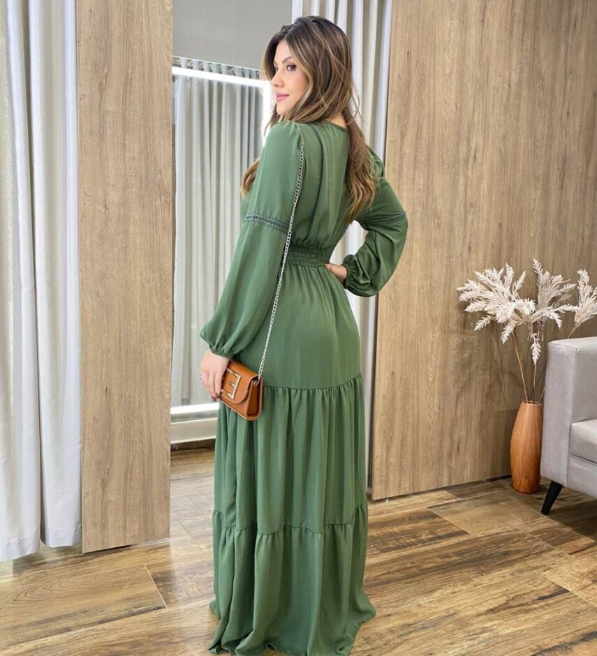 Vestido Longo Agatha sem Bojo Manga Longa Verde Militar - Fernanda Ramos Store