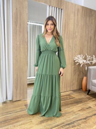 Vestido Longo Agatha sem Bojo Manga Longa Verde Militar - Fernanda Ramos Store