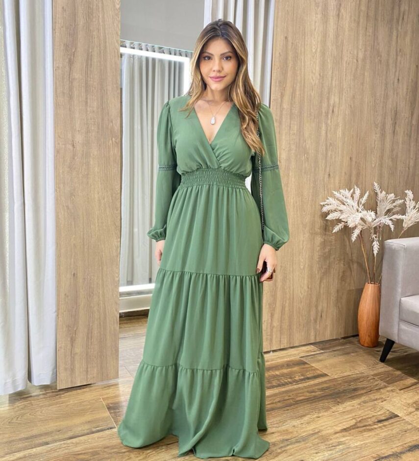 Vestido Longo Agatha sem Bojo Manga Longa Verde Militar - Fernanda Ramos Store