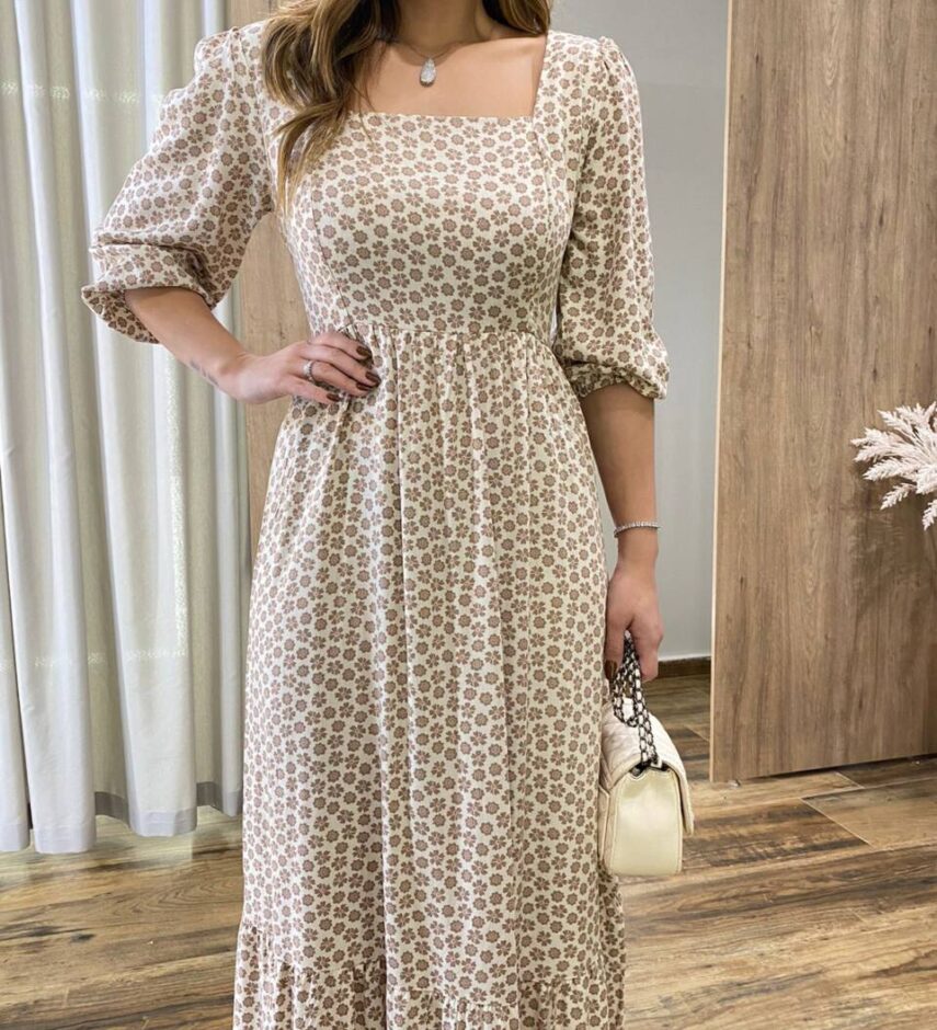Vestido Longo Bella sem Bojo Manga 3/4 Estampa Floral Marrom - Fernanda Ramos Store