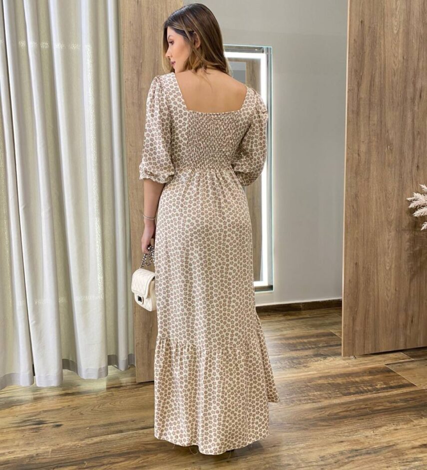 Vestido Longo Bella sem Bojo Manga 3/4 Estampa Floral Marrom - Fernanda Ramos Store