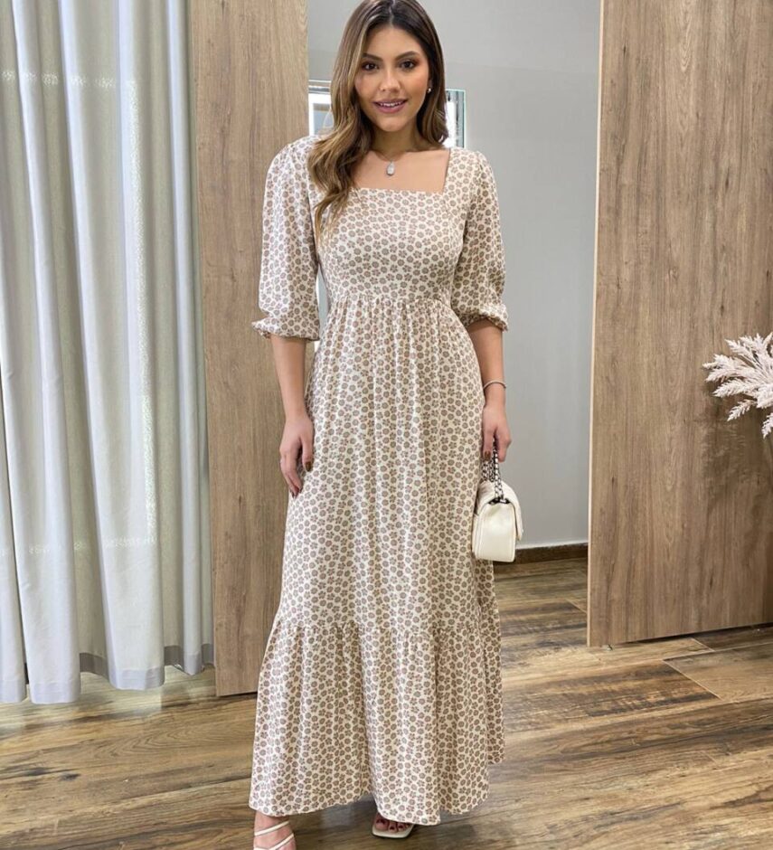 Vestido Longo Bella sem Bojo Manga 3/4 Estampa Floral Marrom - Fernanda Ramos Store