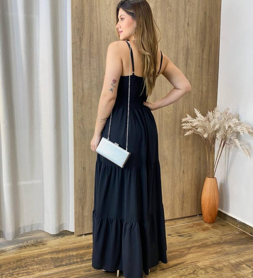 Vestido Longo Clarice Viscolinho sem Bojo com Lastex Preto - Fernanda Ramos Store