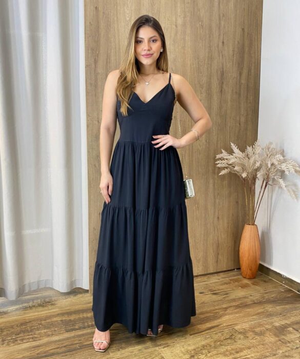 Vestido Longo Clarice Viscolinho sem Bojo com Lastex Preto - Fernanda Ramos Store