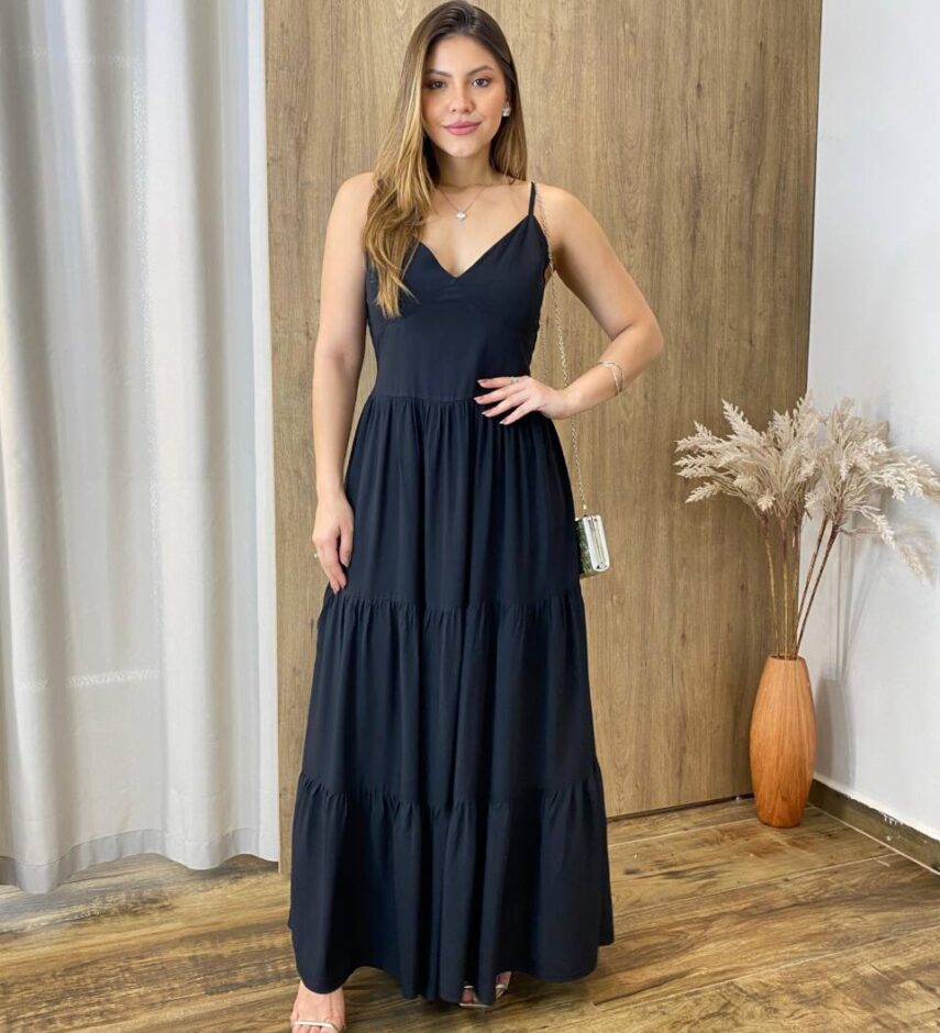 Vestido Longo Clarice Viscolinho sem Bojo com Lastex Preto - Fernanda Ramos Store