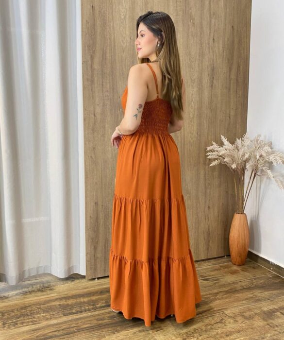 Vestido Longo Clarice Viscolinho sem Bojo com Lastex Terracota - Fernanda Ramos Store