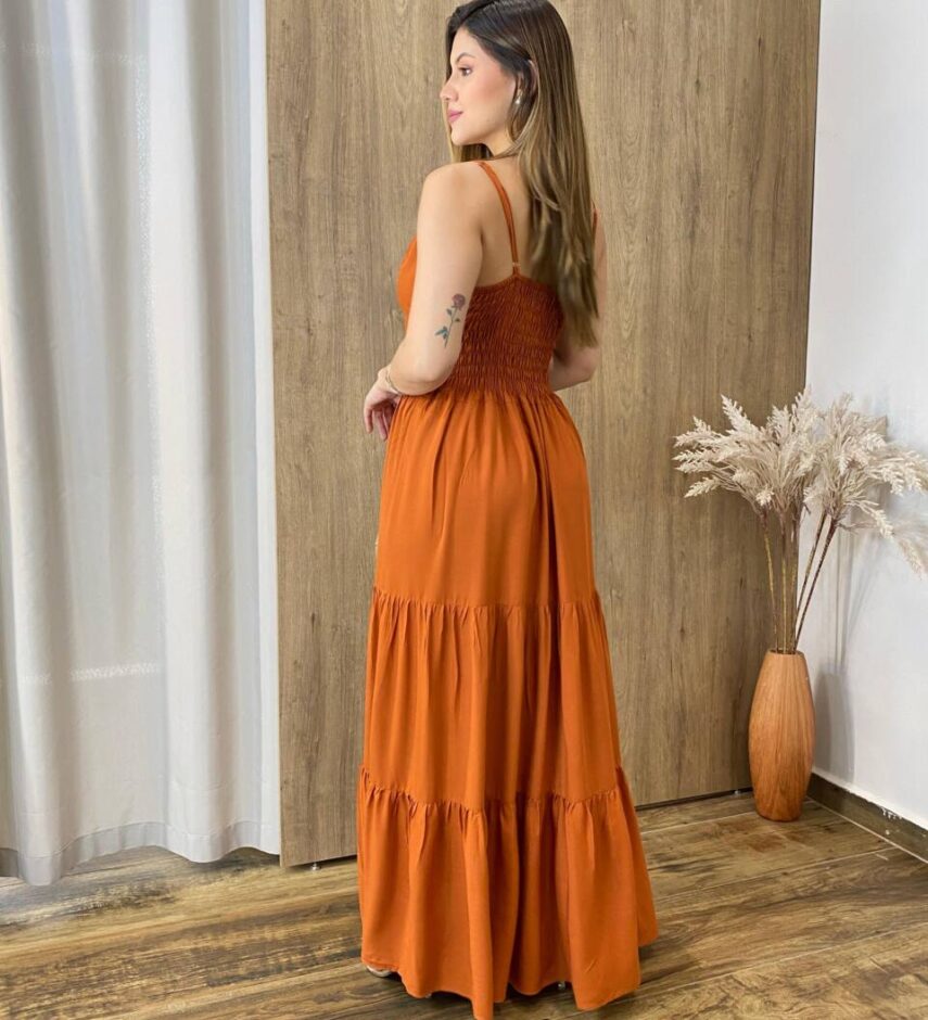 Vestido Longo Clarice Viscolinho sem Bojo com Lastex Terracota - Fernanda Ramos Store