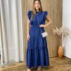 Vestido Longo Jade sem Bojo Azul Marinho com Detalhe em Guipir - Fernanda Ramos Store