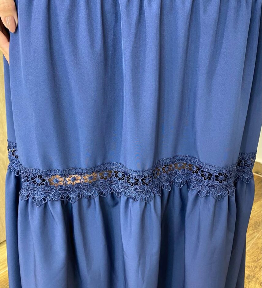 Vestido Longo Jade sem Bojo Azul Marinho com Detalhe em Guipir - Fernanda Ramos Store