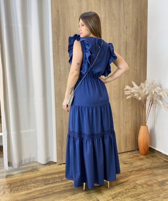 Vestido Longo Jade sem Bojo Azul Marinho com Detalhe em Guipir - Fernanda Ramos Store