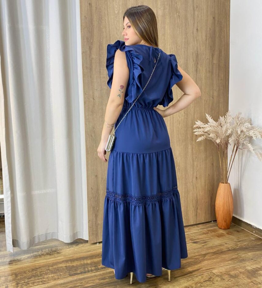 Vestido Longo Jade sem Bojo Azul Marinho com Detalhe em Guipir - Fernanda Ramos Store