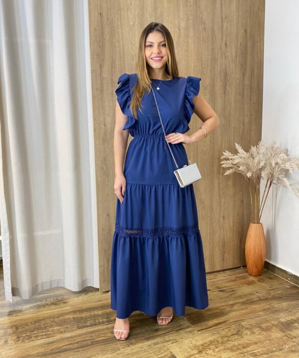 Vestido Longo Jade sem Bojo Azul Marinho com Detalhe em Guipir - Fernanda Ramos Store