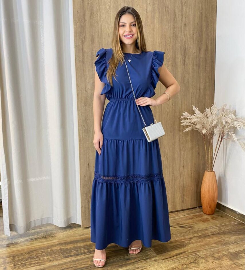 Vestido Longo Jade sem Bojo Azul Marinho com Detalhe em Guipir - Fernanda Ramos Store