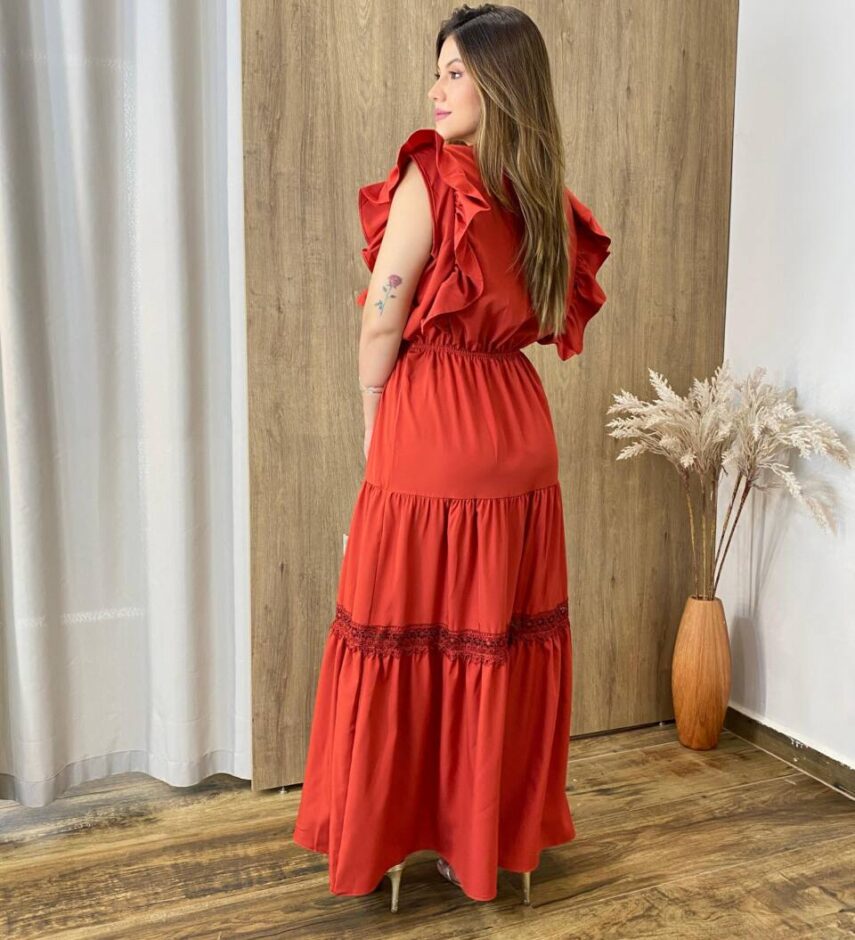 Vestido Longo Jade sem Bojo Terracota com Detalhe em Guipir - Fernanda Ramos Store