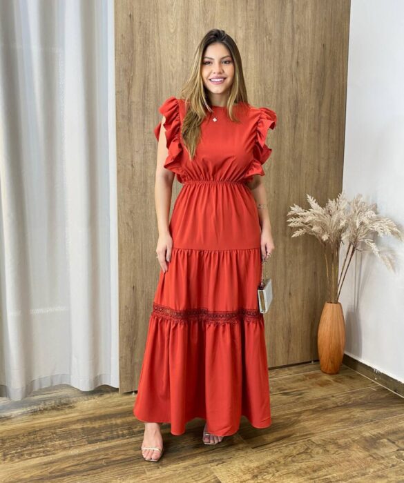 Vestido Longo Jade sem Bojo Terracota com Detalhe em Guipir - Fernanda Ramos Store