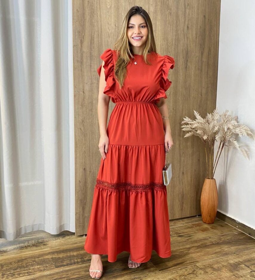 Vestido Longo Jade sem Bojo Terracota com Detalhe em Guipir - Fernanda Ramos Store