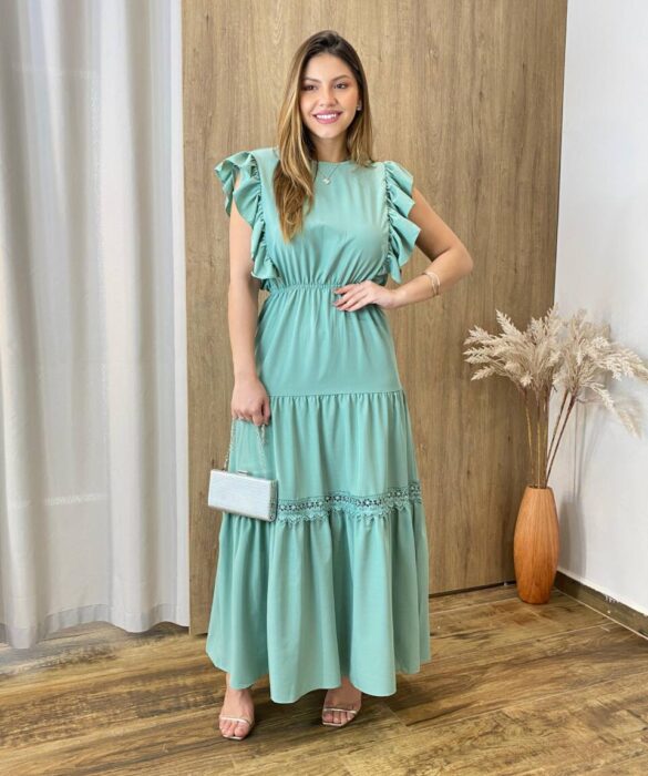 Vestido Longo Jade sem Bojo Verde Menta com Detalhe em Guipir - Fernanda Ramos Store