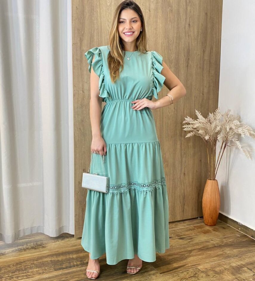 Vestido Longo Jade sem Bojo Verde Menta com Detalhe em Guipir - Fernanda Ramos Store