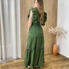 Vestido Longo Jade sem Bojo Verde Militar com Detalhe em Guipir - Fernanda Ramos Store