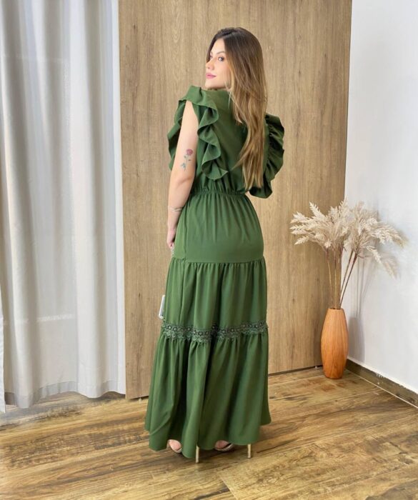 Vestido Longo Jade sem Bojo Verde Militar com Detalhe em Guipir - Fernanda Ramos Store