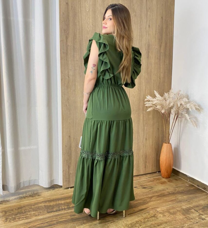 Vestido Longo Jade sem Bojo Verde Militar com Detalhe em Guipir - Fernanda Ramos Store