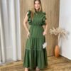 Vestido Longo Jade sem Bojo Verde Militar com Detalhe em Guipir - Fernanda Ramos Store