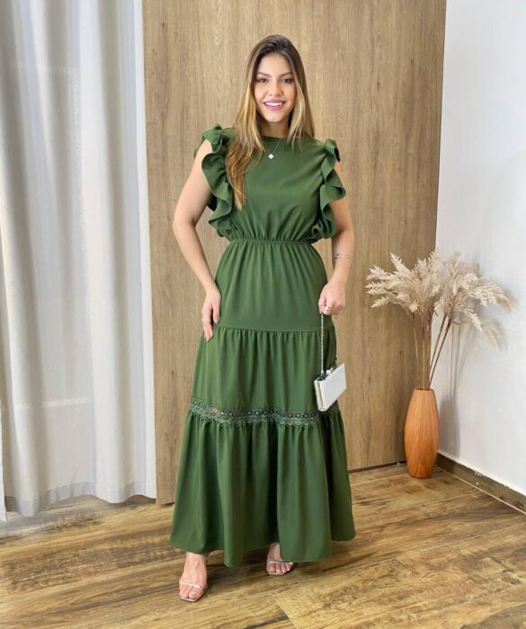 Vestido Longo Jade sem Bojo Verde Militar com Detalhe em Guipir - Fernanda Ramos Store