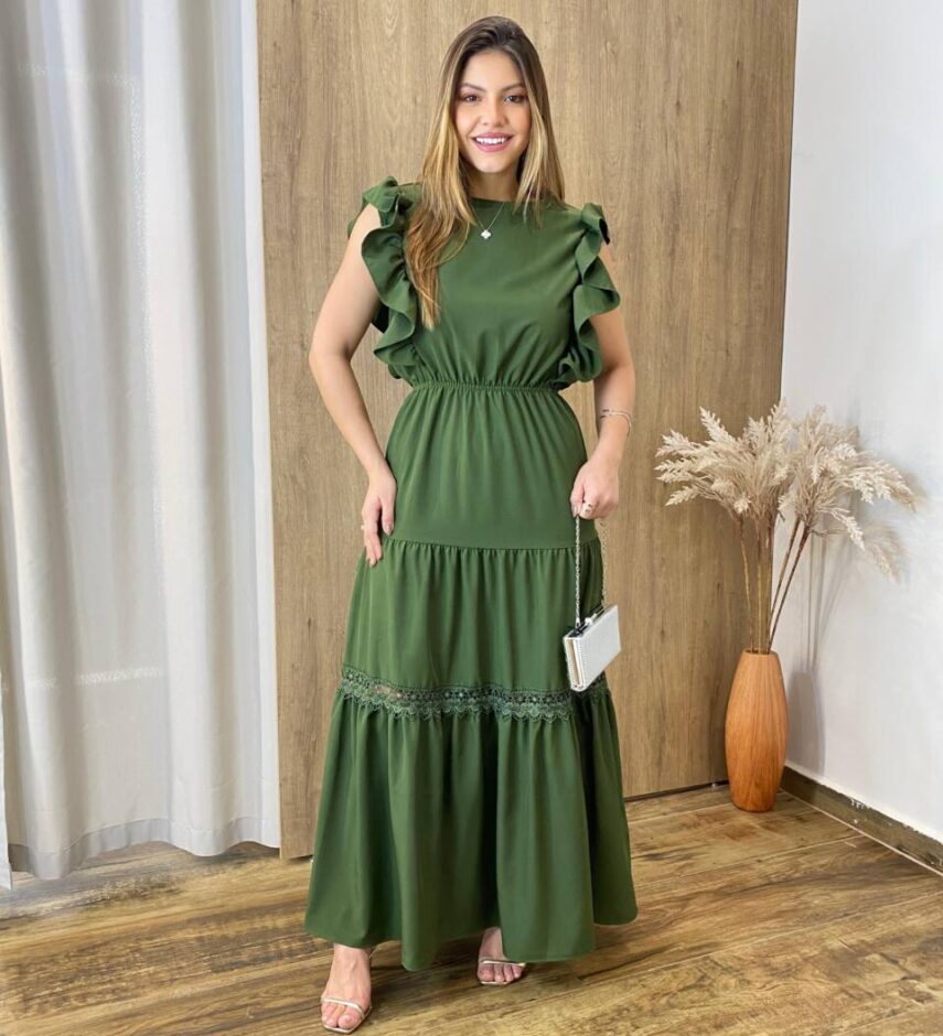 Vestido Longo Jade sem Bojo Verde Militar com Detalhe em Guipir - Fernanda Ramos Store