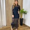 Vestido Longo Mirella de Tule sem Bojo Manga Longa Preto - Fernanda Ramos Store