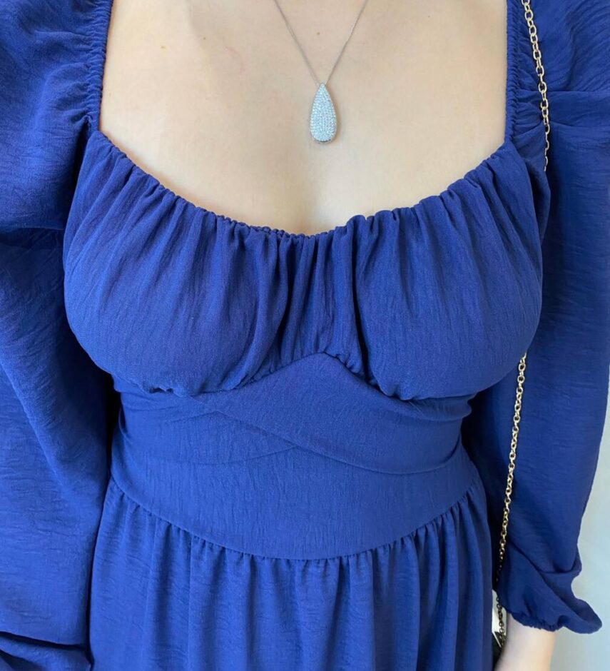 Vestido Longo sem Bojo Agatha Manga Longa Azul com Amarração - Fernanda Ramos Store