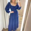 Vestido Longo sem Bojo Agatha Manga Longa Azul com Amarração - Fernanda Ramos Store