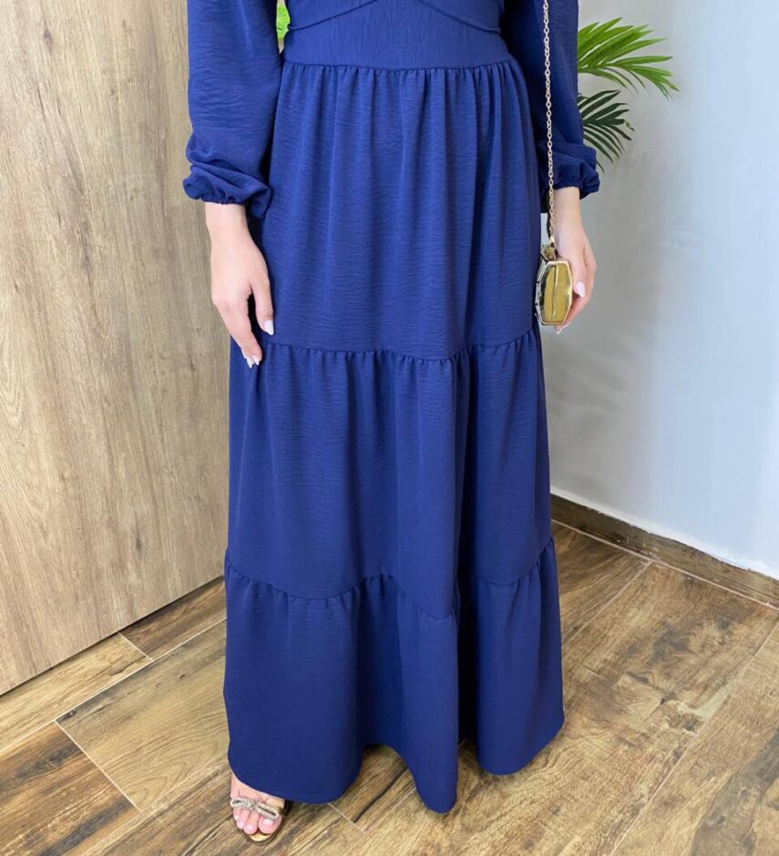 Vestido Longo sem Bojo Agatha Manga Longa Azul com Amarração - Fernanda Ramos Store