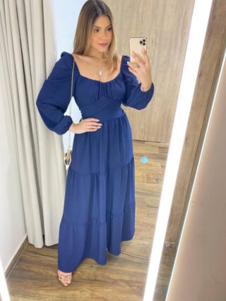 Vestido Longo sem Bojo Agatha Manga Longa Azul com Amarração - Fernanda Ramos Store