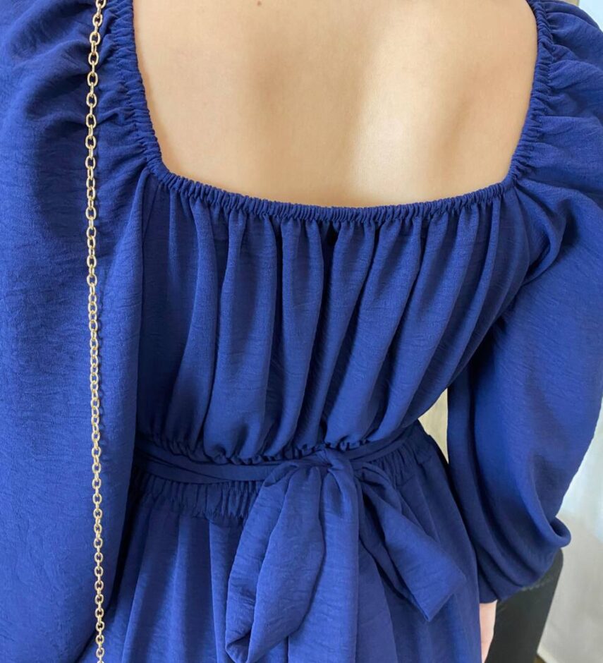 Vestido Longo sem Bojo Agatha Manga Longa Azul com Amarração - Fernanda Ramos Store