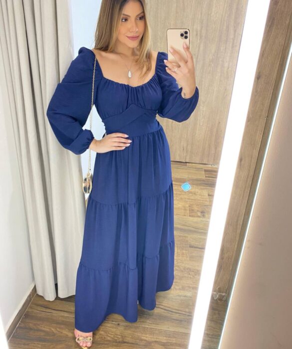 Vestido Longo sem Bojo Agatha Manga Longa Azul com Amarração - Fernanda Ramos Store