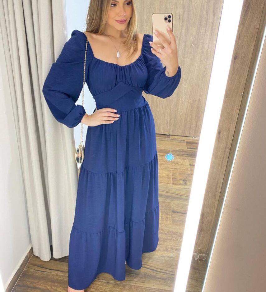 Vestido Longo sem Bojo Agatha Manga Longa Azul com Amarração - Fernanda Ramos Store
