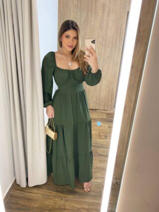 Vestido Longo sem Bojo Agatha Manga Longa Verde com Amarração - Fernanda Ramos Store