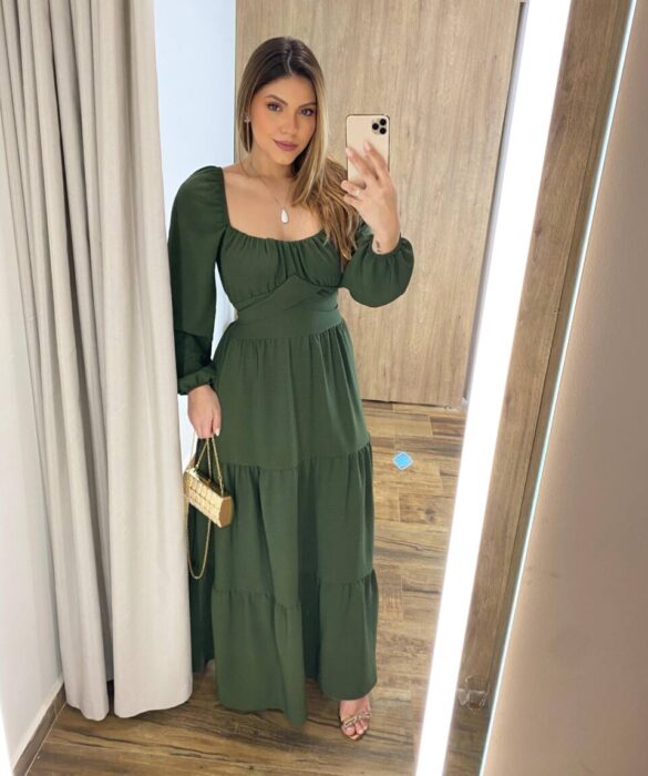 Vestido Longo sem Bojo Agatha Manga Longa Verde com Amarração - Fernanda Ramos Store