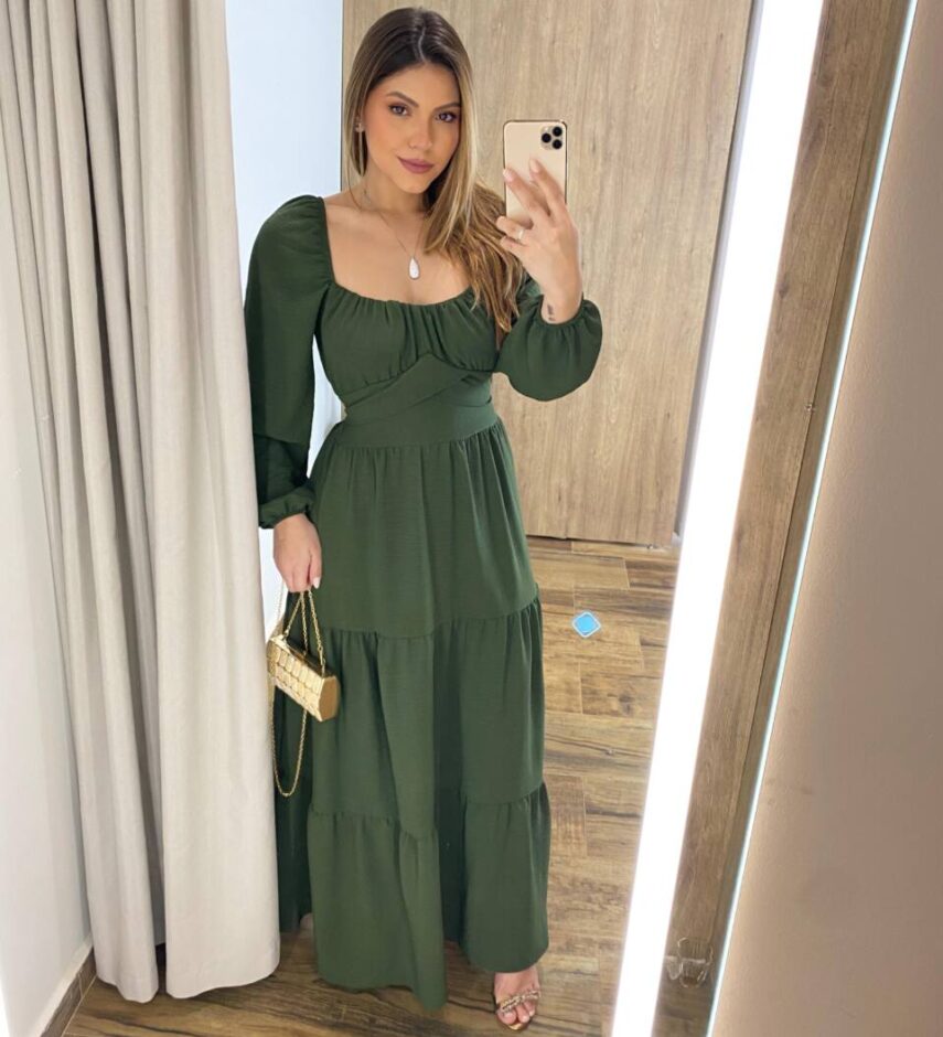 Vestido Longo sem Bojo Agatha Manga Longa Verde com Amarração - Fernanda Ramos Store