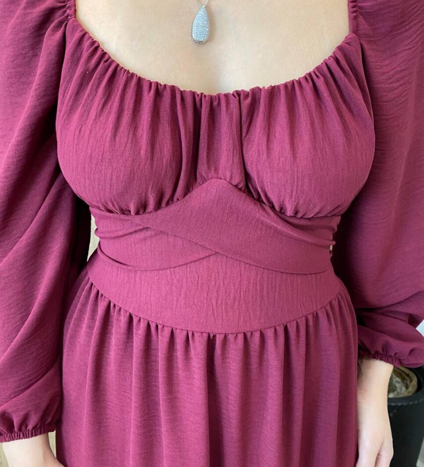 Vestido Longo sem Bojo Agatha Manga Longa Bordô com Amarração - Fernanda Ramos Store