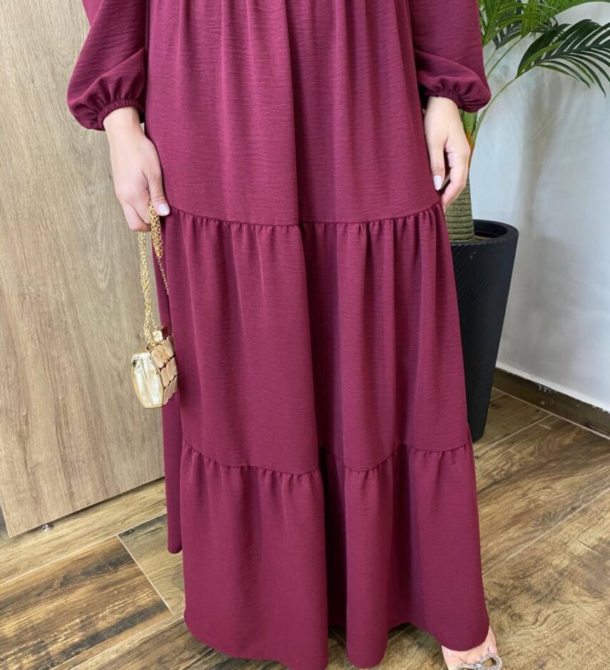 Vestido Longo sem Bojo Agatha Manga Longa Bordô com Amarração - Fernanda Ramos Store
