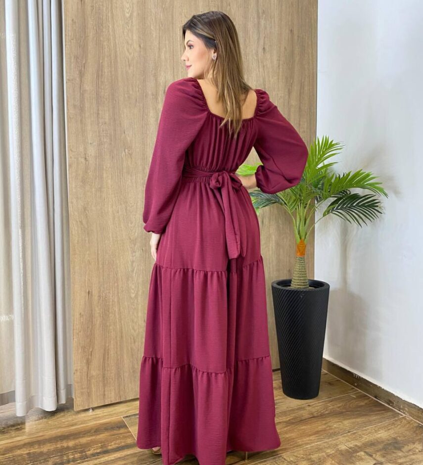 Vestido Longo sem Bojo Agatha Manga Longa Bordô com Amarração - Fernanda Ramos Store