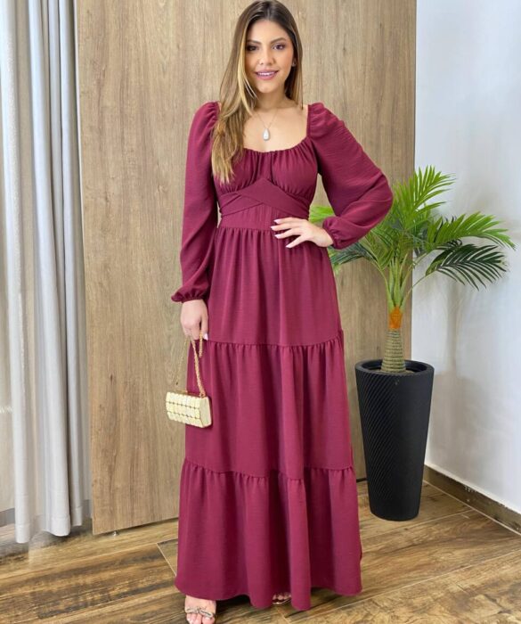 Vestido Longo sem Bojo Agatha Manga Longa Bordô com Amarração - Fernanda Ramos Store